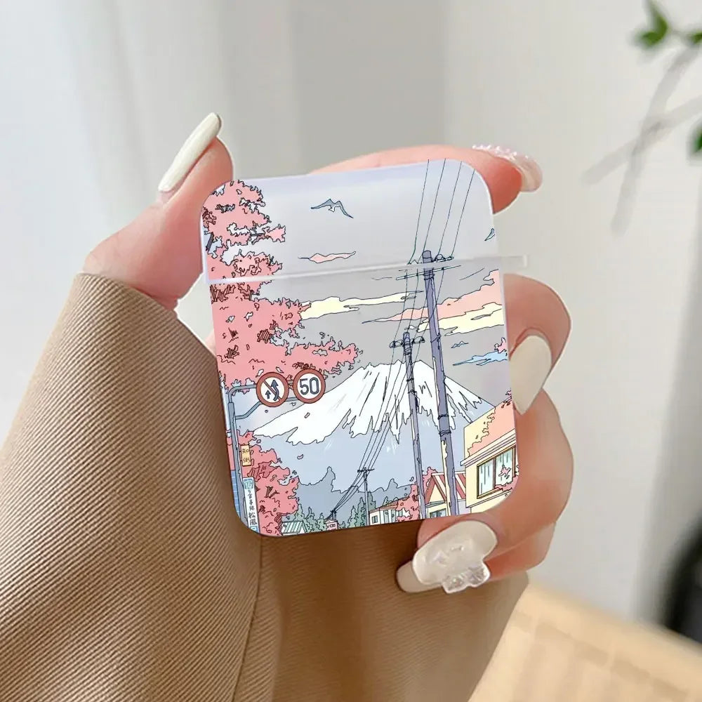 Korean Anime Sunset Scenery Print Earphone Case For Apple Air Pro 3 Transparent Cute Cover Soft Coque Airpods 2 1 4th Accessorie