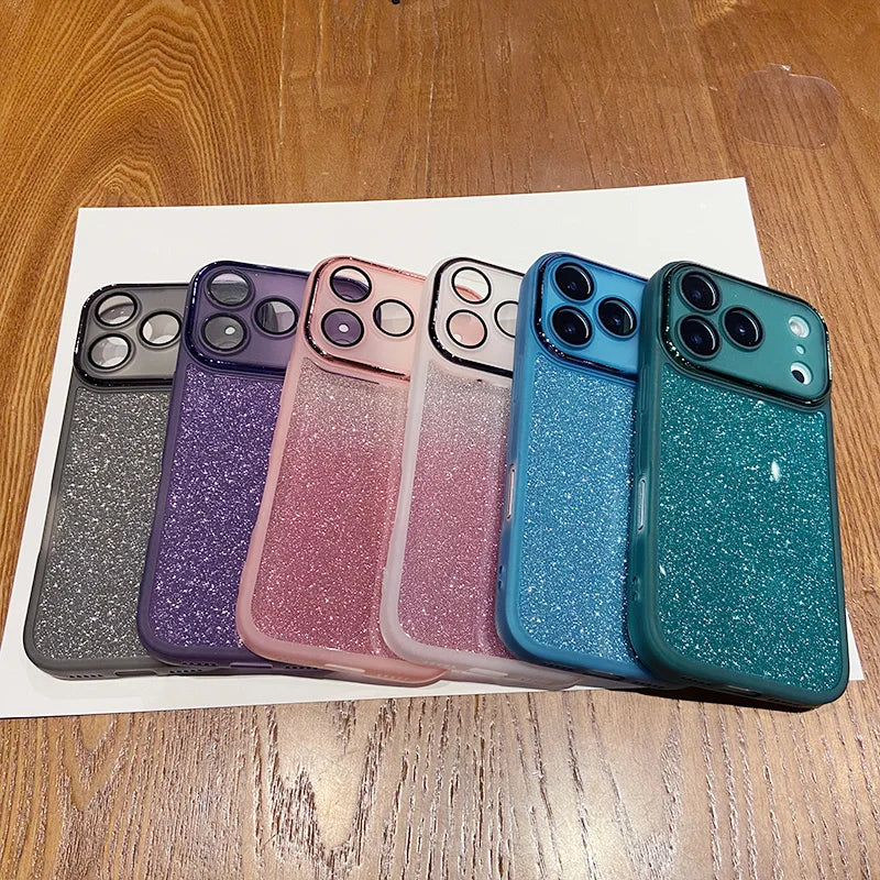 Luxury Glitter Lens Film Full Protection Case for IPhone 17 Air 16 15 14 13 12 Pro Max Soft Silicone Shockproof Bumper Cover