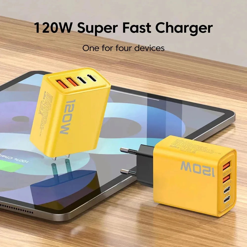 120W 4 Port USB Type C Charger Fast Charging Data Cable USB Phone Charger Adapter for Samsung iPhone Xiaomi Huawei Wall Charger