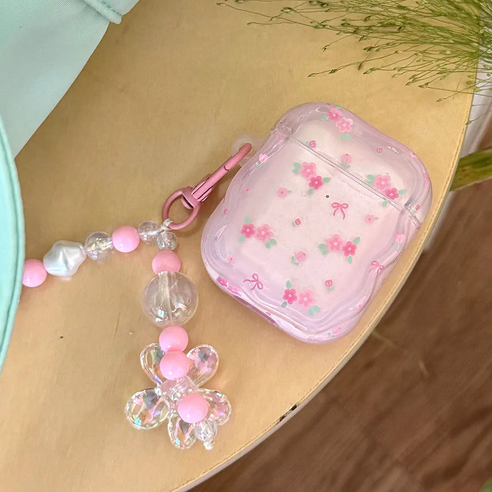 Cute Pink Flower Pattern Headphones Case For Airpods 4 Pro 2nd 3rd Generation Soft Cover For AirPods 1 2 3 With Pearl Keychain