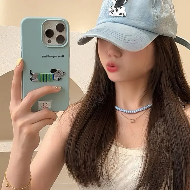 Korean Cute Cartoon Dachshund Litchi Pattern Phone Case For iPhone 15 14 13 12 16 Pro Max 11 Lovely Shockproof Soft Cover Funda
