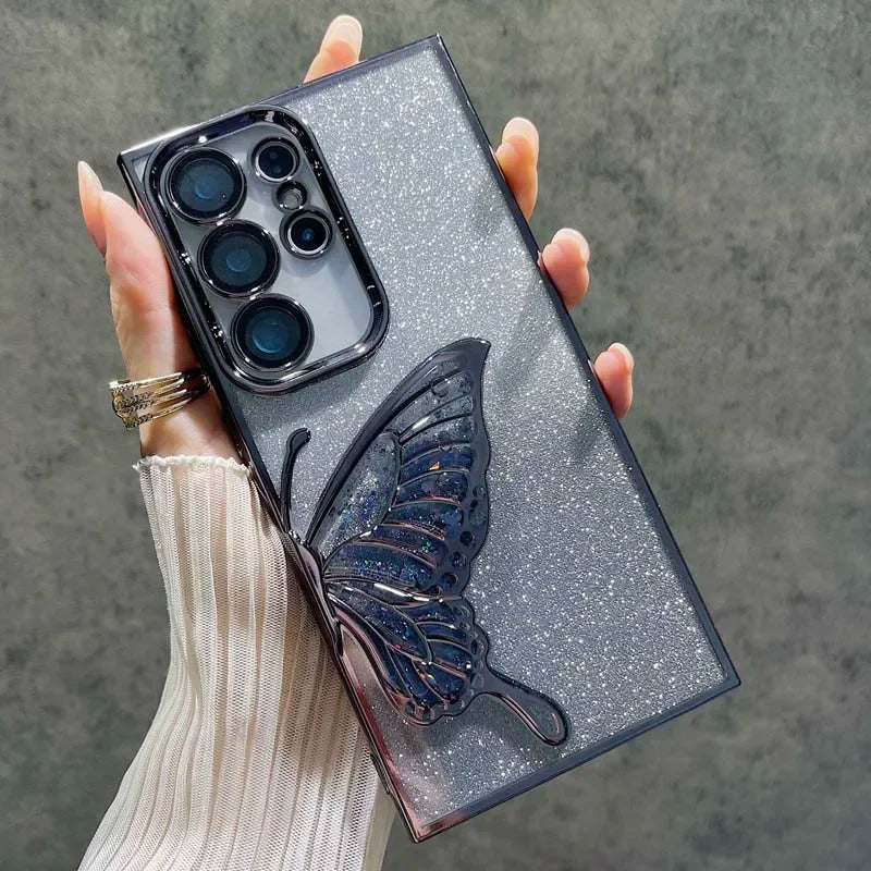 3D Glitter Butterfly Case for Samsung Galaxy S25 S24 S23 Plus Ultra FE A56 A36 A16 A06 A55 35 25 15 05S Clear Electroplate Cover