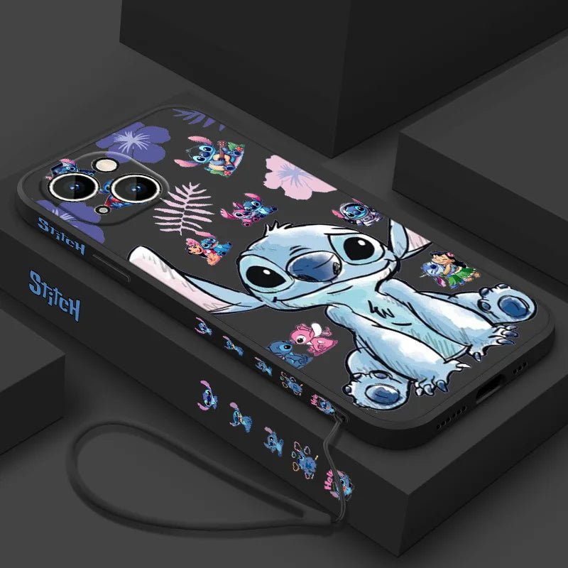 Stitch LOVE Flowers Cover For Apple iPhone 16 15 14 13 12 11 8 7 Pro mini Max Plus Liquid Left Rope Soft Phone Case