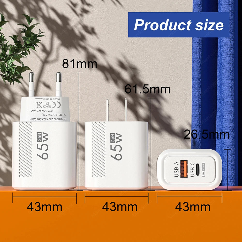 USB C GaN Charger 65W QC3.0 Fast Charging Phone Charger Adapter For iPhone Samsung Xiaomi Quick Charging EU/US Plug Wall Charger
