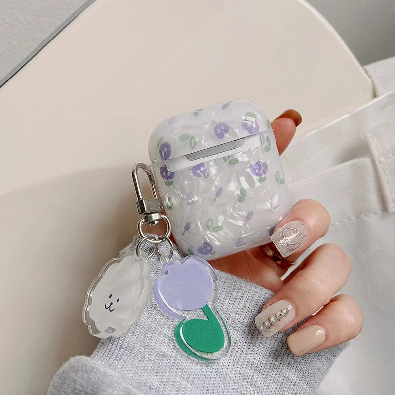 Wireless Bluetooth Case For AirPods1/2/4/3 AirPods pro pro2 Soft Flower Pattern Earphone Cover With Cute Lamb Tulip Key Chain