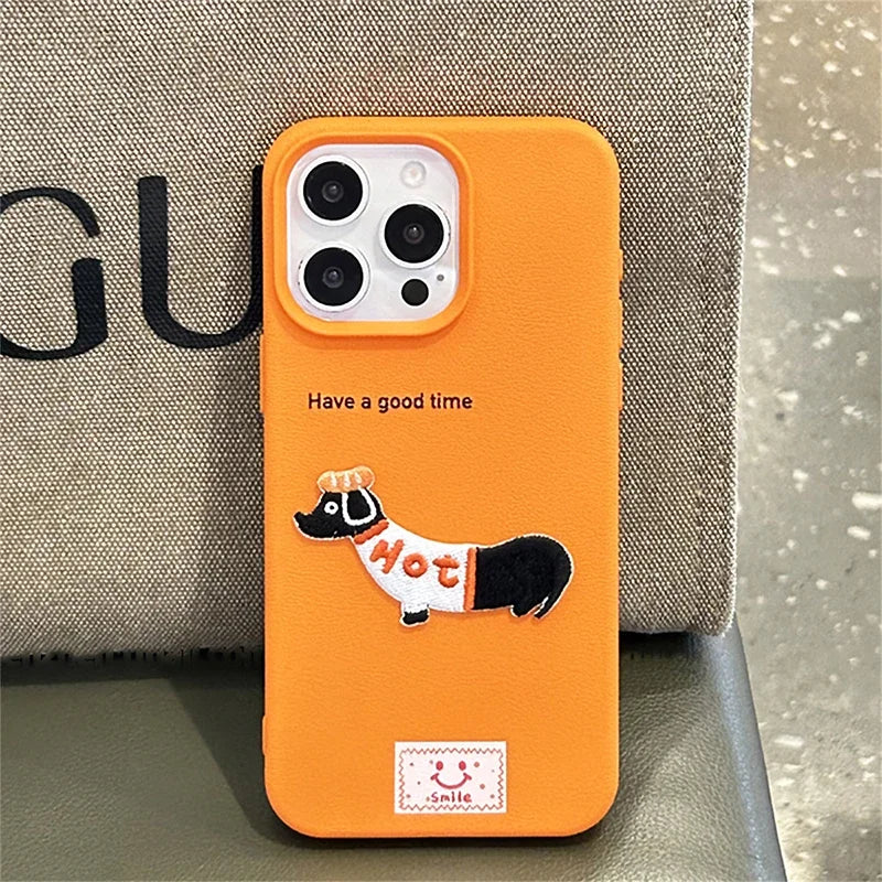 Korean Cute Cartoon Dachshund Litchi Pattern Phone Case For iPhone 15 14 13 12 16 Pro Max 11 Lovely Shockproof Soft Cover Funda
