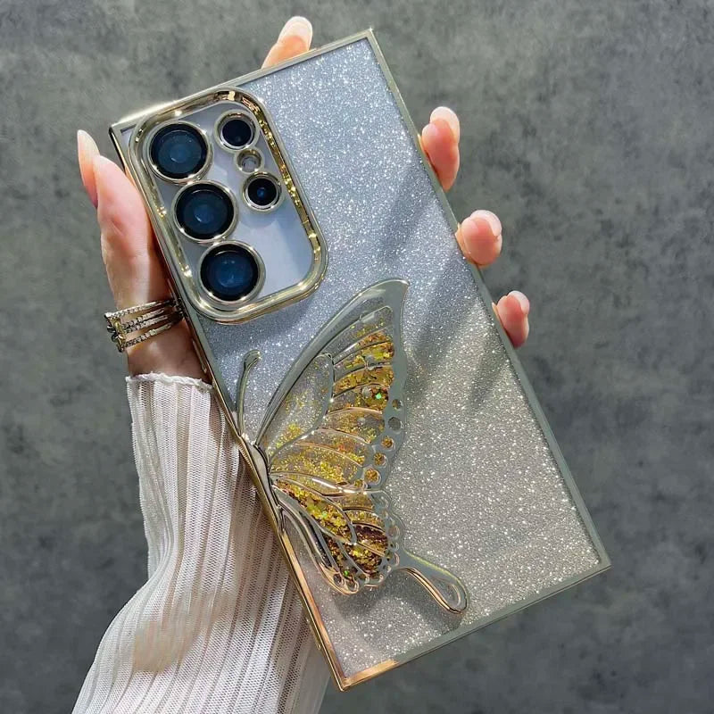 3D Glitter Butterfly Case for Samsung Galaxy S25 S24 S23 Plus Ultra FE A56 A36 A16 A06 A55 35 25 15 05S Clear Electroplate Cover
