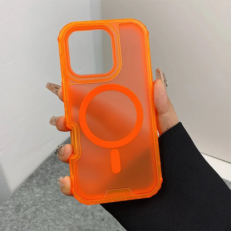 Neon Color Bumper Shockproof MagSafe Phone Case For iPhone 16 16pro max 14 15 Pro 13 11 12 Wireless Charging Frosted Armor Cover