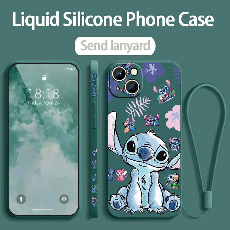 Stitch LOVE Flowers Cover For Apple iPhone 16 15 14 13 12 11 8 7 Pro mini Max Plus Liquid Left Rope Soft Phone Case