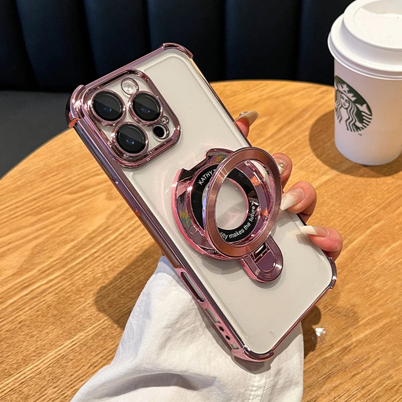 Luxury Plating Magsafe Wireless Charge Case For iPhone 17 Air 16 15 14 13 12 11 Pro Max Plus Clear Magnetic Stand Holder Cover