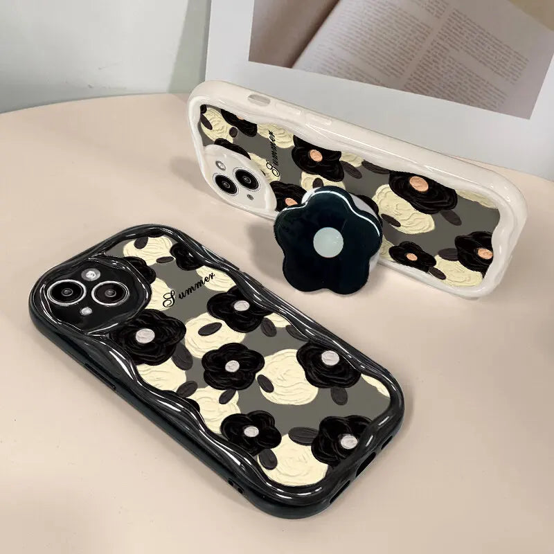 Floral Flower Bracket Case Cover for Samsung Galaxy S24 FE S25 S22 S23 Ultra Plus A56 A55 A35 A54 A15 A16 5G A05S A05 Wavy Shell