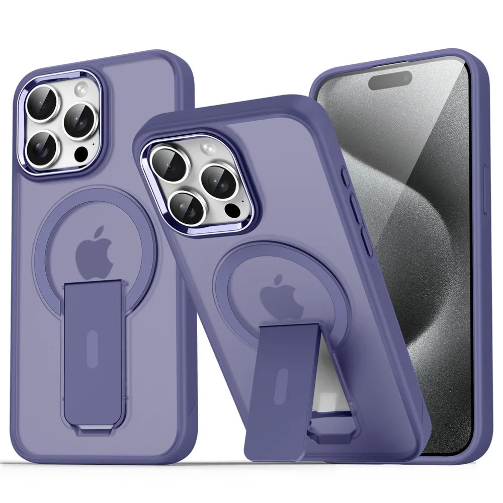 Luxury For Magsafe Folding Stand Magnetic Phone Case For iPhone 16 15 14 13 12 17 Pro Max Plus Matte Translucent Back Cover Caps