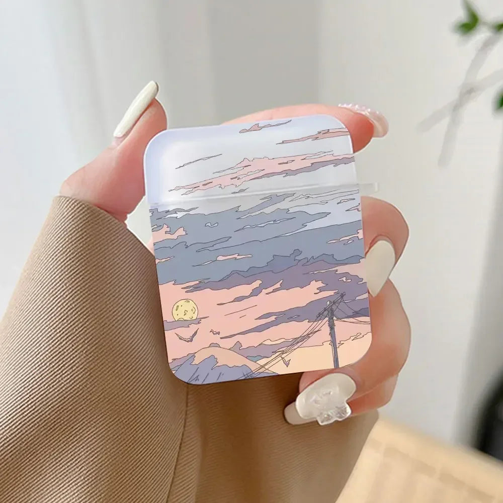 Korean Anime Sunset Scenery Print Earphone Case For Apple Air Pro 3 Transparent Cute Cover Soft Coque Airpods 2 1 4th Accessorie