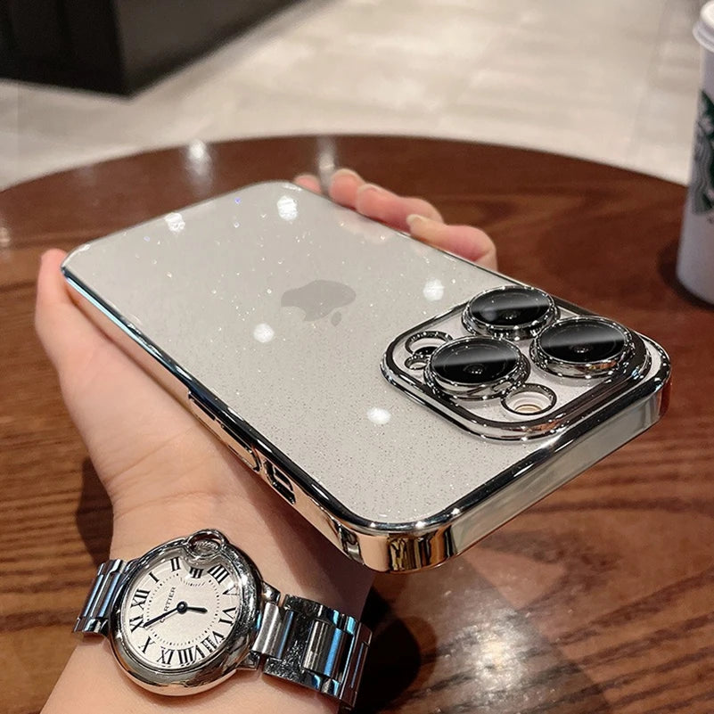Luxury Glitter Transparent PC Plating Case for iPhone 17 16 15 14 Pro Max Plus 13 11 12 Bling Clear Shockproof Ultra Slim Cover