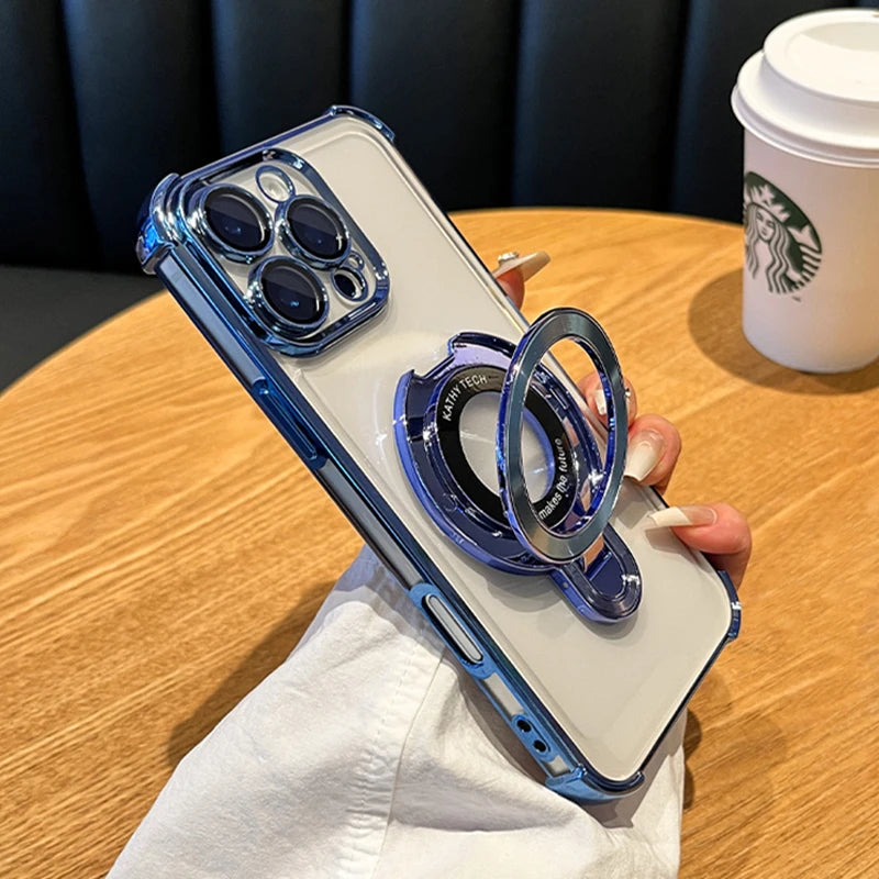 Luxury Plating Magsafe Wireless Charge Case For iPhone 17 Air 16 15 14 13 12 11 Pro Max Plus Clear Magnetic Stand Holder Cover