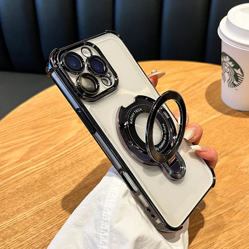 Luxury Plating Magsafe Wireless Charge Case For iPhone 17 Air 16 15 14 13 12 11 Pro Max Plus Clear Magnetic Stand Holder Cover