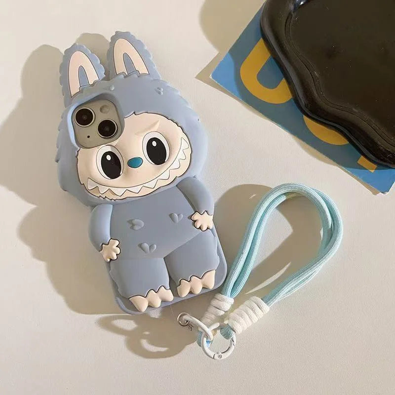 3D Cartoon Kawaii Monster Rabbit Soft Silicone Phone Case For iPhone 16 15 14 Plus 13 12 11 Pro Max 16promax With Lanyard Cover