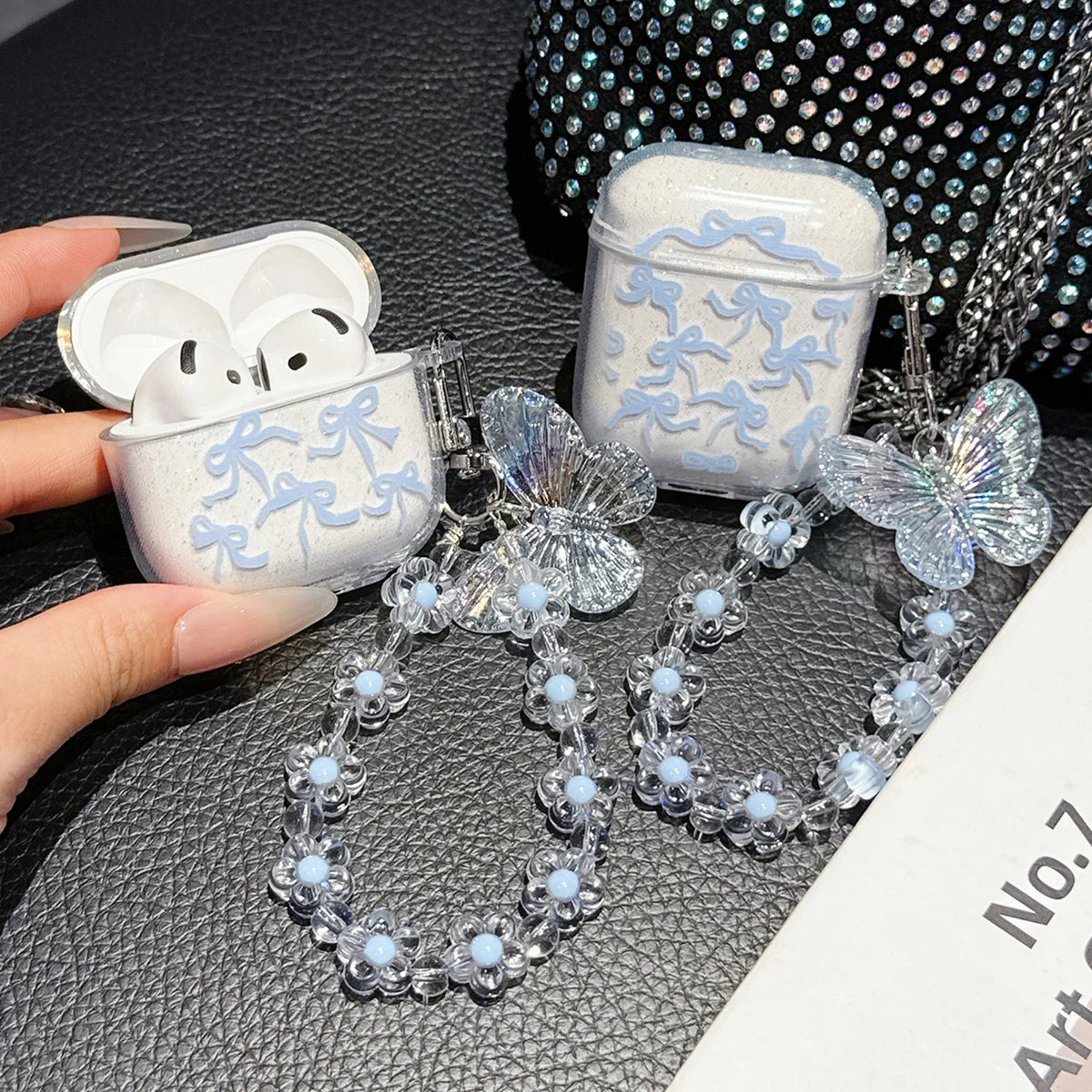 Sparkling blue butterfly print suitable for Apple airpods pro 2nd 4 generation Bluetooth earphone case 1/2/3 protective case box