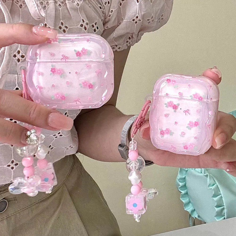 Cute Pink Flower Pattern Headphones Case For Airpods 4 Pro 2nd 3rd Generation Soft Cover For AirPods 1 2 3 With Pearl Keychain