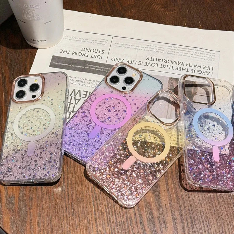 Luxury Glitter for Magsafe Acrylic Case for iPhone 16 15 17 Pro Max 14 13 17 Air Magnetic Gradient Bling Hard Shockproof Cover