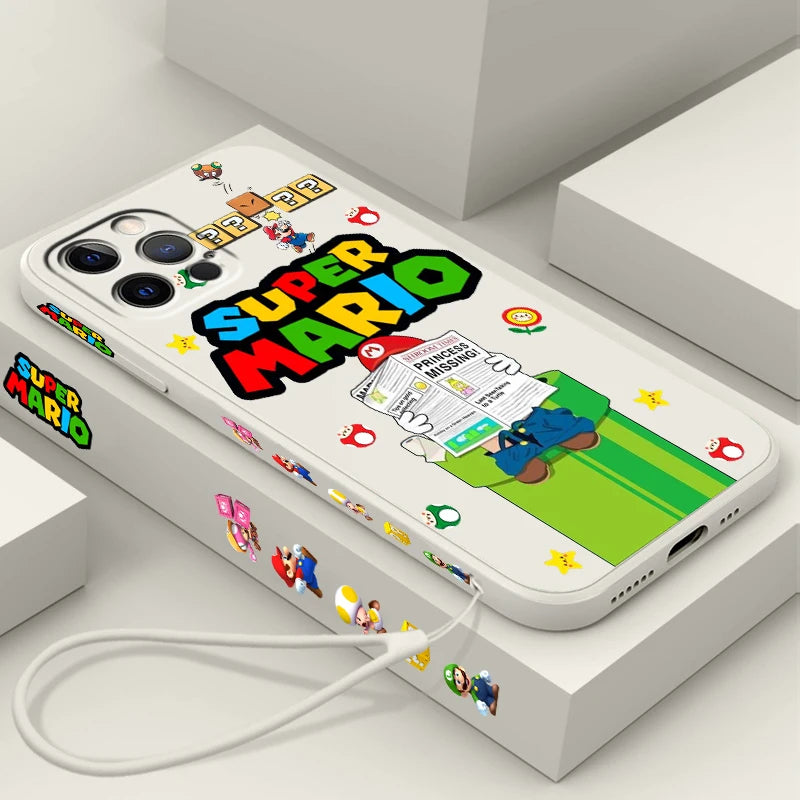 S-Super M-Marios B-Bros Cute Liquid Left Rope For Apple iPhone 15 14 13 12 11 XS XR X 8 7 SE Pro Max Plus Mini Funda Phone Case