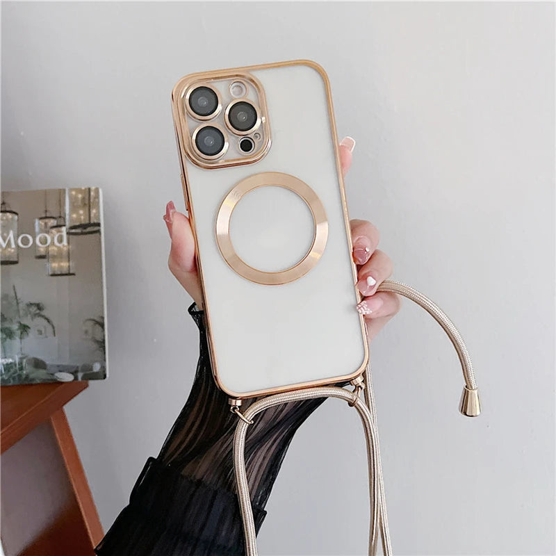 Plating Clear Magnetic For Magsafe Wireless Charging Cases For iPhone 16 15 14 17 12 13 Pro Max Crossbody Lanyard Necklace Cover
