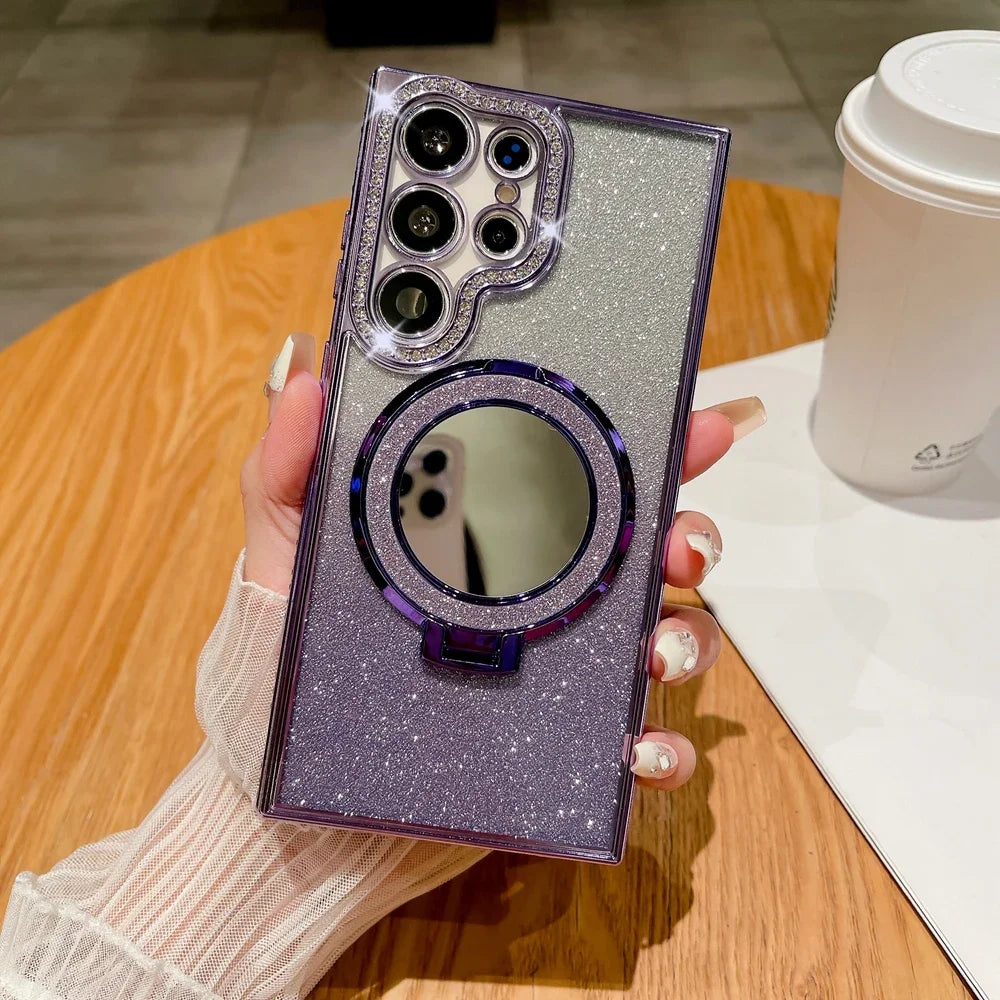 Luxury Diamond Clear Glitter Magsafe Case For Samsung Galaxy S25 S24 Ultra S23 S22 Plus Mirror Magnetic Phone Holder Stand Cover
