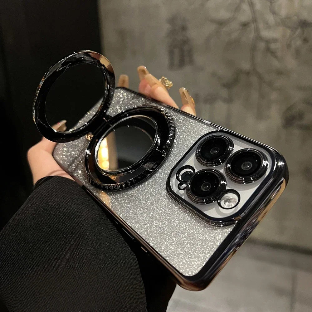 for Magsafe Glitter Mirror Gradient Case for iPhone 15 14 13 11 12 16 17 Pro Max Air Xr Xs 16 Plus Bracket Stand Make Up Cover