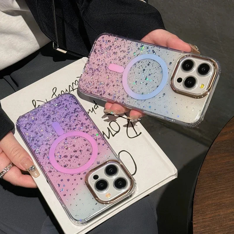 Luxury Glitter for Magsafe Acrylic Case for iPhone 16 15 17 Pro Max 14 13 17 Air Magnetic Gradient Bling Hard Shockproof Cover