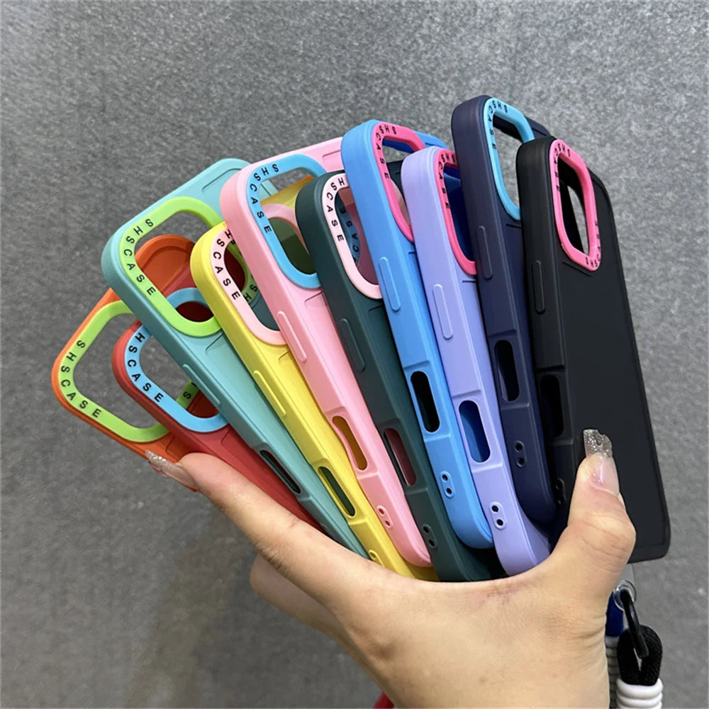 Luxury Wrist Strap Bracelet Lanyard Phone Case For iPhone 15 16 Pro Max 14 13 12 11 X XR XS Collision Color Lens Protector Cover