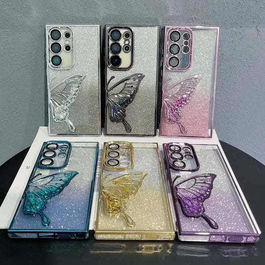 3D Glitter Butterfly Case for Samsung Galaxy S25 S24 S23 Plus Ultra FE A56 A36 A16 A06 A55 35 25 15 05S Clear Electroplate Cover