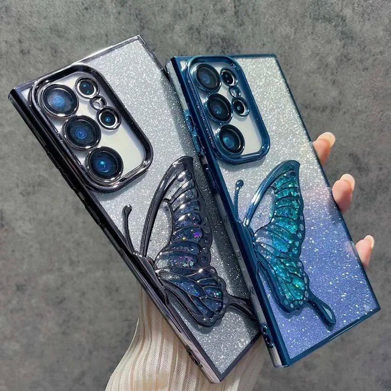 3D Glitter Butterfly Case for Samsung Galaxy S25 S24 S23 Plus Ultra FE A56 A36 A16 A06 A55 35 25 15 05S Clear Electroplate Cover