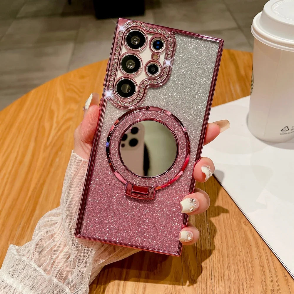 Luxury Diamond Clear Glitter Magsafe Case For Samsung Galaxy S25 S24 Ultra S23 S22 Plus Mirror Magnetic Phone Holder Stand Cover