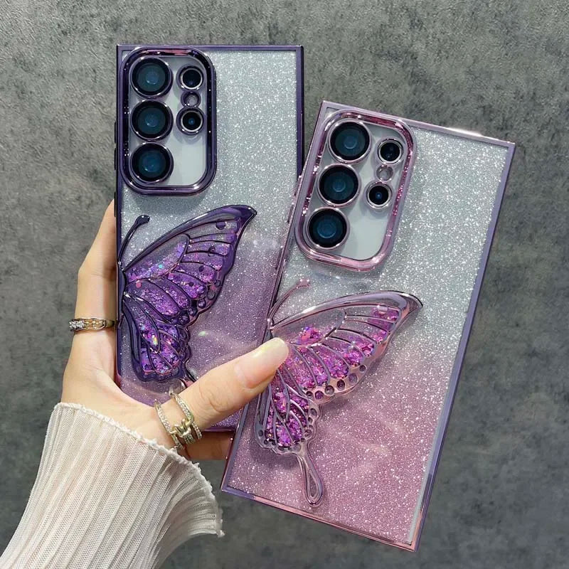 3D Glitter Butterfly Case for Samsung Galaxy S25 S24 S23 Plus Ultra FE A56 A36 A16 A06 A55 35 25 15 05S Clear Electroplate Cover