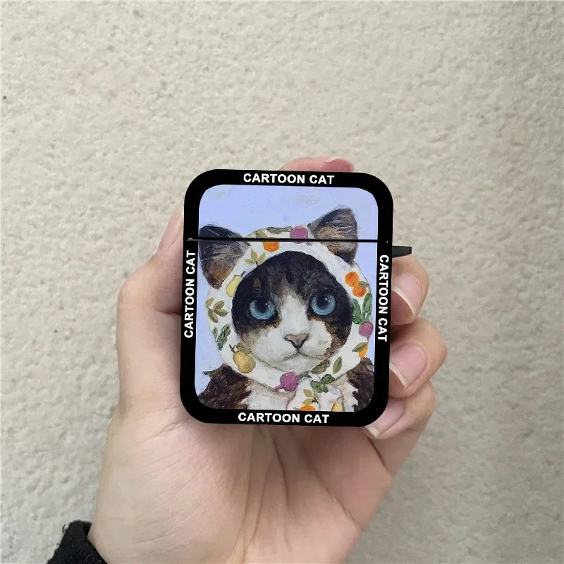 INS Korean Cartoon Oil Painting Cat Earphone Case For Airpods 1 2 3 4 Pro Wireless Headphone Cover For Air Pods Pro2 Accessories