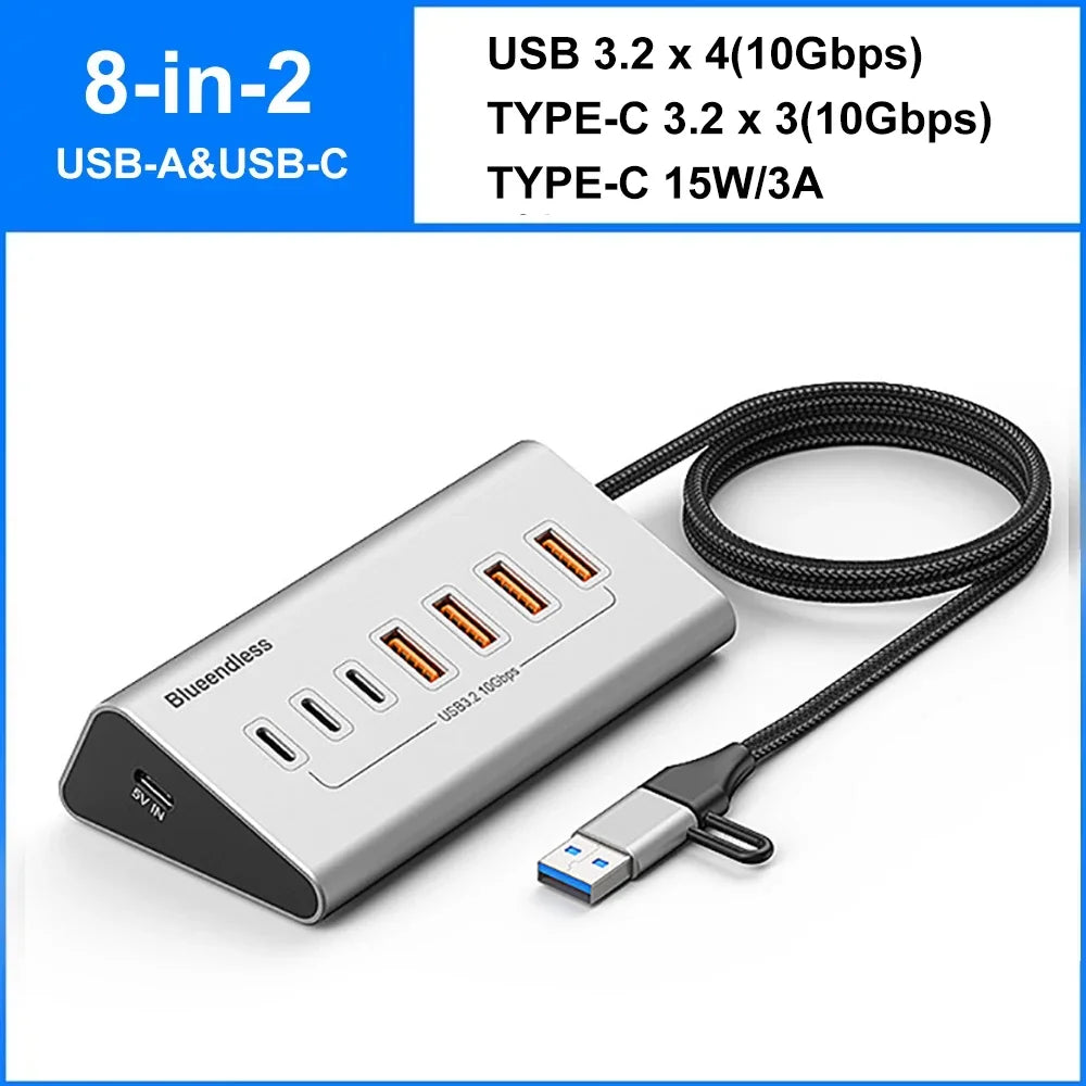 10Gbps USB 3.2 Docking Station USB Hub Type C Splitter with Card Reader Aluminum Alloy Multi 8/9 Ports Switch For PC Laptop