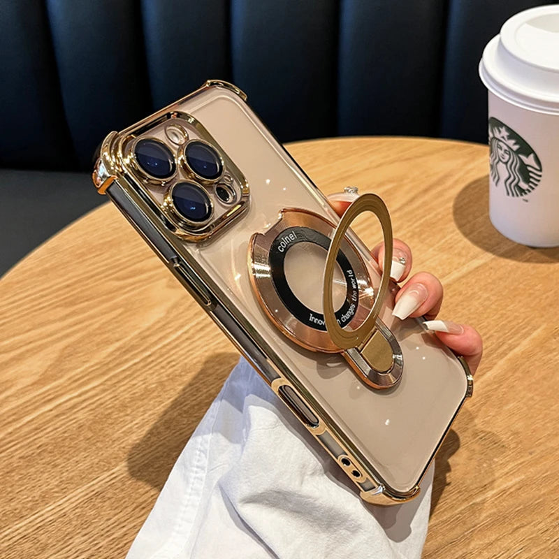 Luxury Plating Magsafe Wireless Charge Case For iPhone 17 Air 16 15 14 13 12 11 Pro Max Plus Clear Magnetic Stand Holder Cover