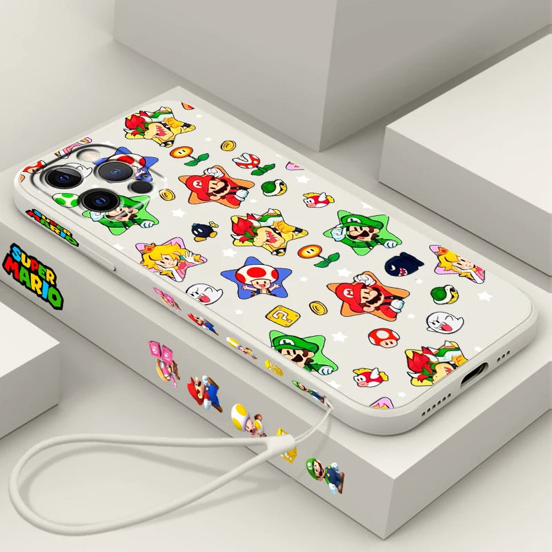 S-Super M-Marios B-Bros Cute Liquid Left Rope For Apple iPhone 15 14 13 12 11 XS XR X 8 7 SE Pro Max Plus Mini Funda Phone Case