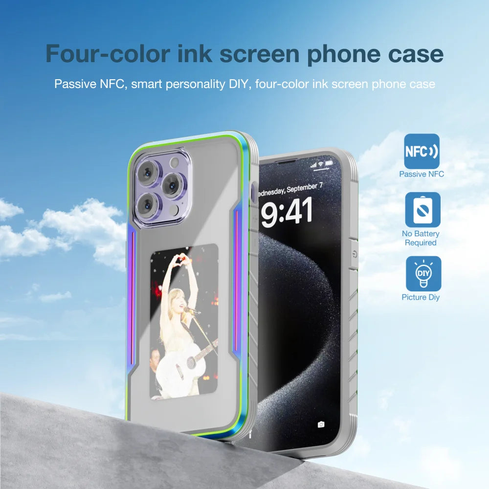 WINKNOWS DIY Smart NFC Ink Screen Phone Case – Tempered Glass, Shockproof & Full Coverage (iPhone 13–16 Series)
