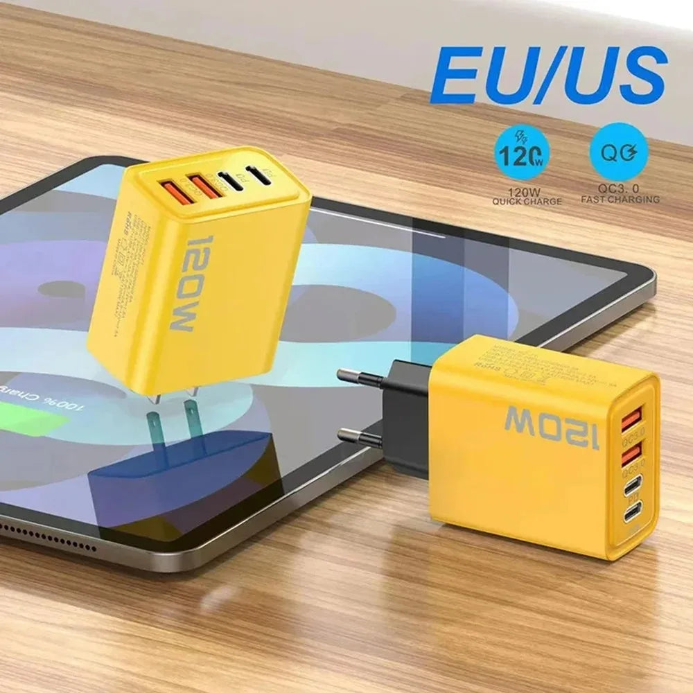120W 4 Port USB Type C Charger Fast Charging Data Cable USB Phone Charger Adapter for Samsung iPhone Xiaomi Huawei Wall Charger