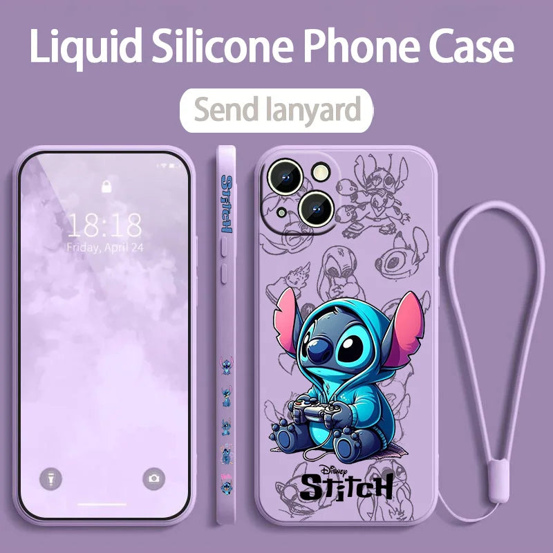 Stitch LOVE Flowers Cover For Apple iPhone 16 15 14 13 12 11 8 7 Pro mini Max Plus Liquid Left Rope Soft Phone Case