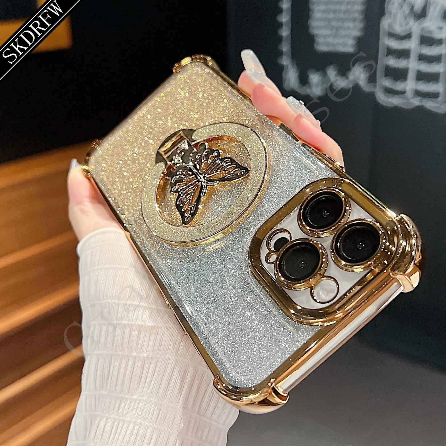 Luxury Butterfly Glitter Holder With Lens Film Phone Case For iPhone 11 12 13 14 15 16 Pro Max Plus Four Corner Anti Fall Cover