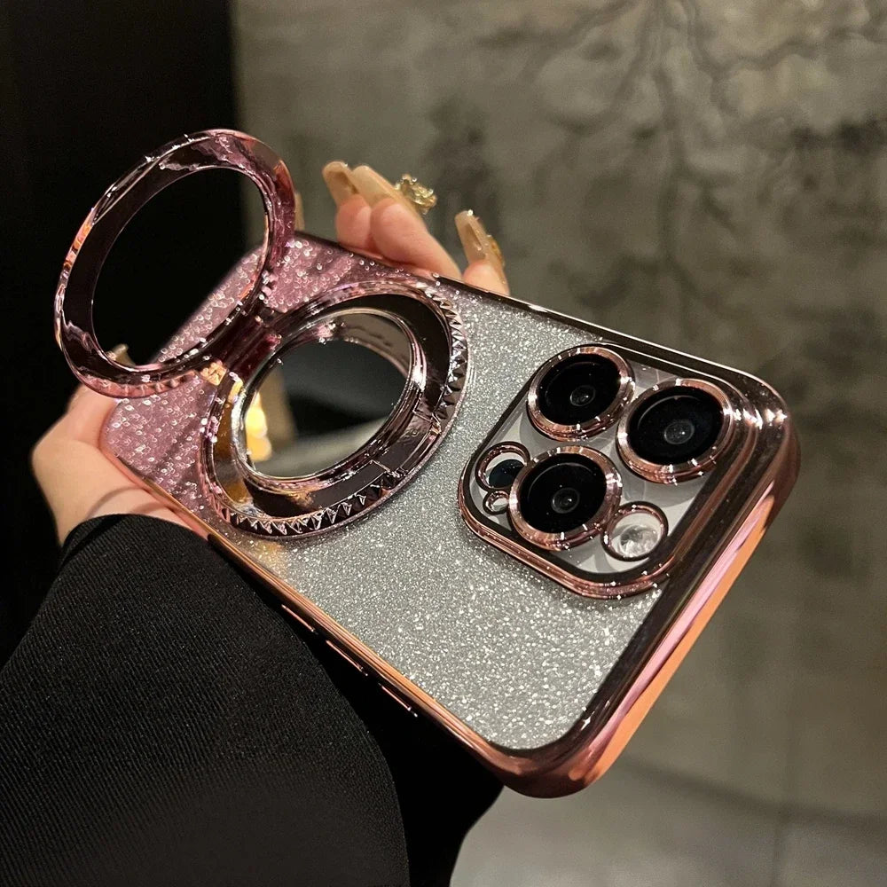 for Magsafe Glitter Mirror Gradient Case for iPhone 15 14 13 11 12 16 17 Pro Max Air Xr Xs 16 Plus Bracket Stand Make Up Cover