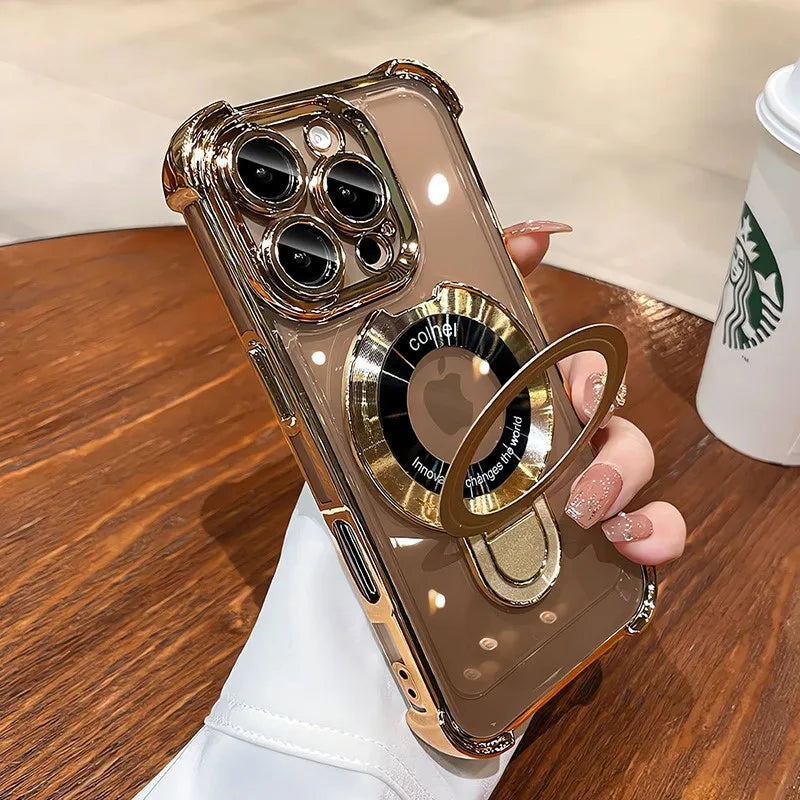 Luxury Plating Magsafe Wireless Charge Case For iPhone 17 Air 16 15 14 13 12 11 Pro Max Plus Clear Magnetic Stand Holder Cover