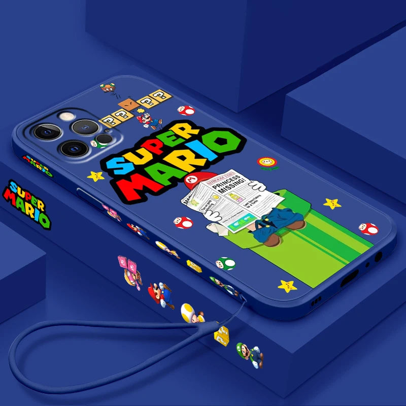 S-Super M-Marios B-Bros Cute Liquid Left Rope For Apple iPhone 15 14 13 12 11 XS XR X 8 7 SE Pro Max Plus Mini Funda Phone Case