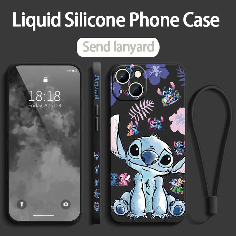 Stitch LOVE Flowers Cover For Apple iPhone 16 15 14 13 12 11 8 7 Pro mini Max Plus Liquid Left Rope Soft Phone Case