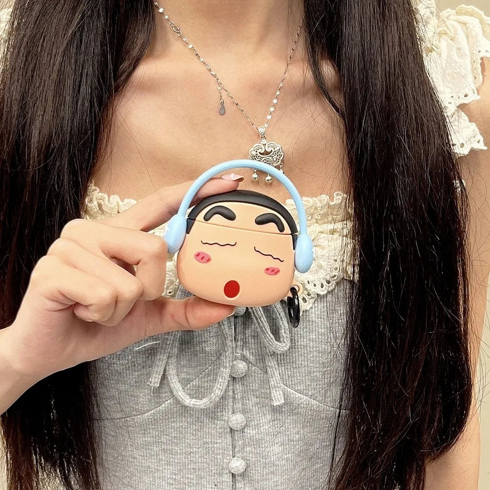 For Airpods 1 2 3 4 Pro Pro 2 Cartoon CrayonShin-chan Listen To Music Silicone Earphone Case Accessories Cover