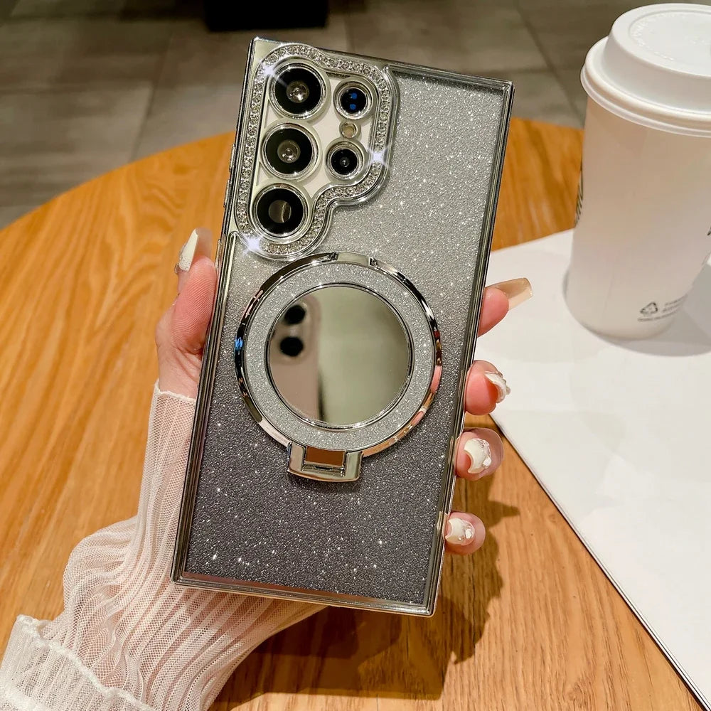 Luxury Diamond Clear Glitter Magsafe Case For Samsung Galaxy S25 S24 Ultra S23 S22 Plus Mirror Magnetic Phone Holder Stand Cover