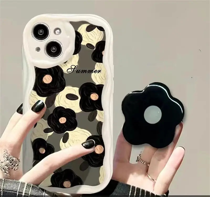 Floral Flower Bracket Case Cover for Samsung Galaxy S24 FE S25 S22 S23 Ultra Plus A56 A55 A35 A54 A15 A16 5G A05S A05 Wavy Shell