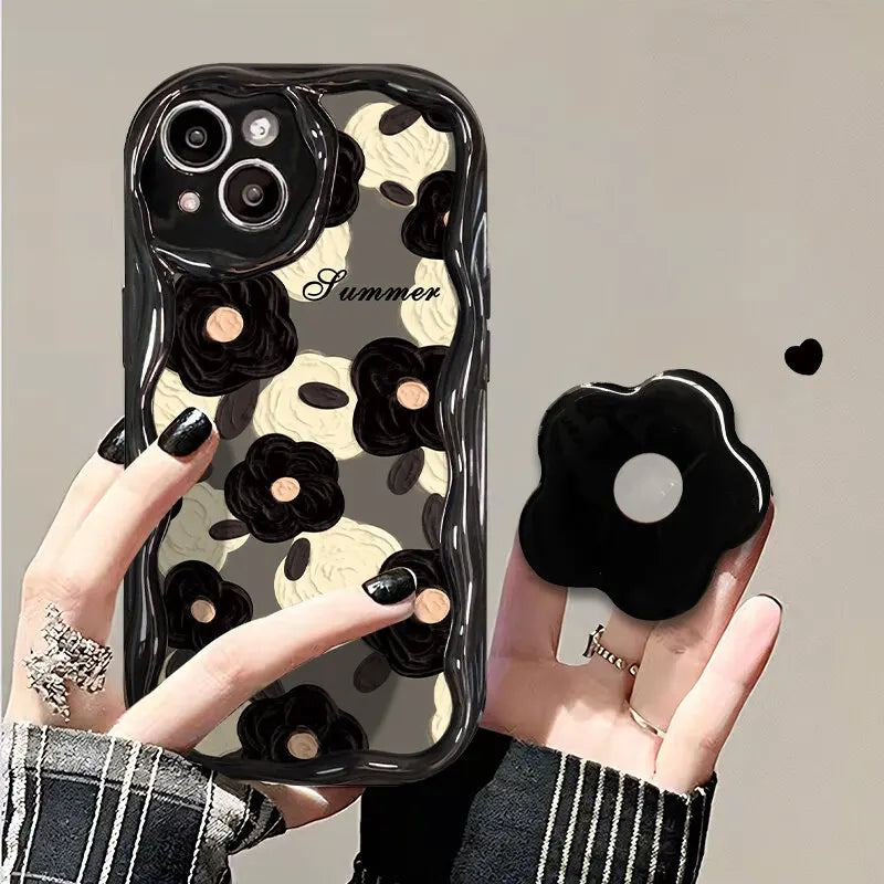 Floral Flower Bracket Case Cover for Samsung Galaxy S24 FE S25 S22 S23 Ultra Plus A56 A55 A35 A54 A15 A16 5G A05S A05 Wavy Shell